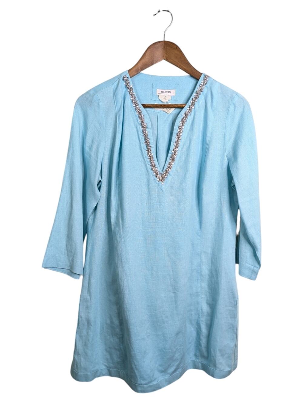 Malvin I Love Linen Tunic Top XL Turquoise V Neck Rhinestone 3/4 Sleeve Resort